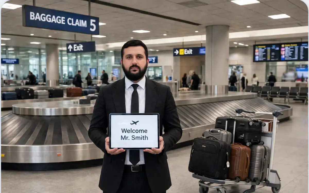 Limo Laguna chauffeur meeting a passenger at baggage claim with a name sign tablet and luggage cart