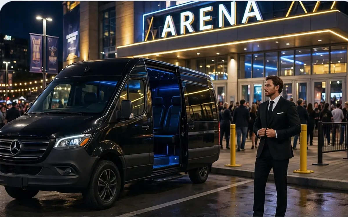 Black Sprinter with open door and chauffeur at a glowing arena entrance on concert night